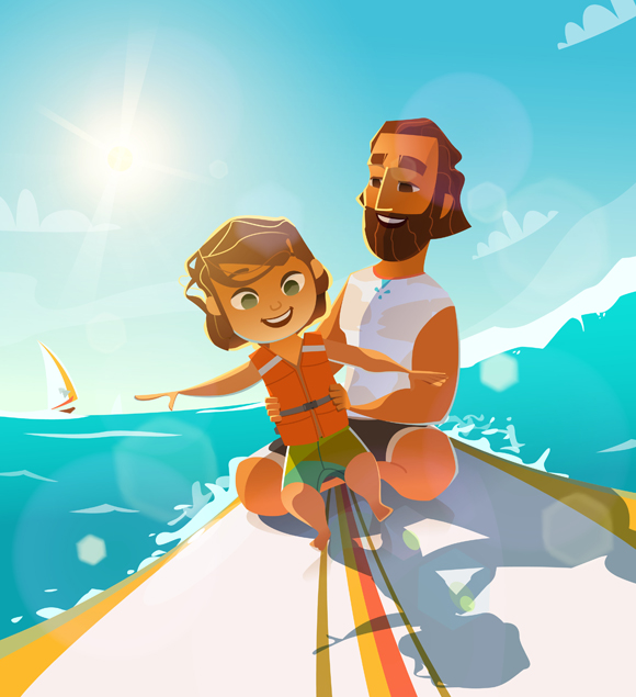 Vater surft mit Sohn auf einem Surfbrett in einem Erklärvideo mit Spaß und Freude